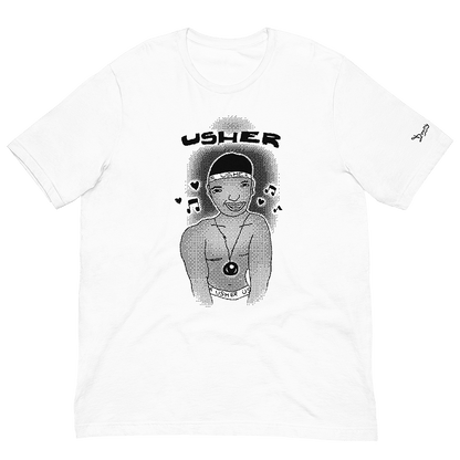 A white unisex t-shirt with a playful childhood bitmap art drawing of R&B singer Usher Raymond, from the late 90s. © Donny Meloche, 2023.