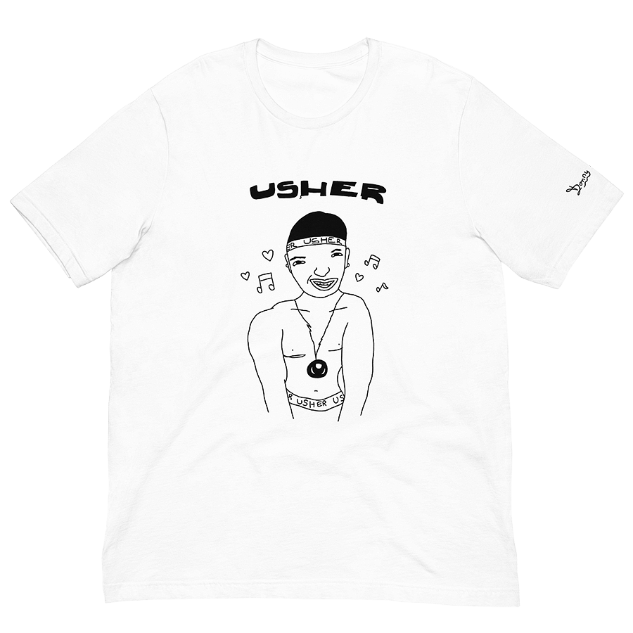 A white unisex t-shirt with a playful childhood line art drawing of R&B singer Usher Raymond, from the late 90s. © Donny Meloche, 2023.