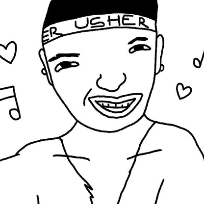 Detail of a remastered childhood drawing of Usher Raymond, American R&B singer. 'Usher' floats above him in bold text, adorned with music notes, hearts, and a 'U' emblem chain around his neck. His name also adorns his doo rag and boxer briefs. © Donny Meloche, 2023.