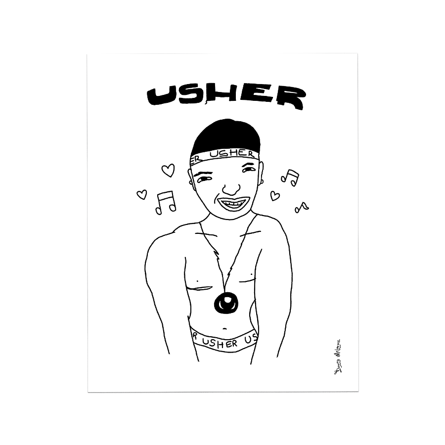 Remastered childhood drawing of Usher Raymond, American R&B singer. 'Usher' floats above him in bold text, adorned with music notes, hearts, and a 'U' emblem chain around his neck. His name also adorns his doo rag and boxer briefs. © Donny Meloche, 2023.