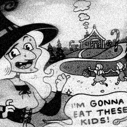 Detail of an enhanced matte paper art print with a classic Halloween witch illustration and speech bubble reading, 'I'm gonna eat these kids!' by Donny Meloche.