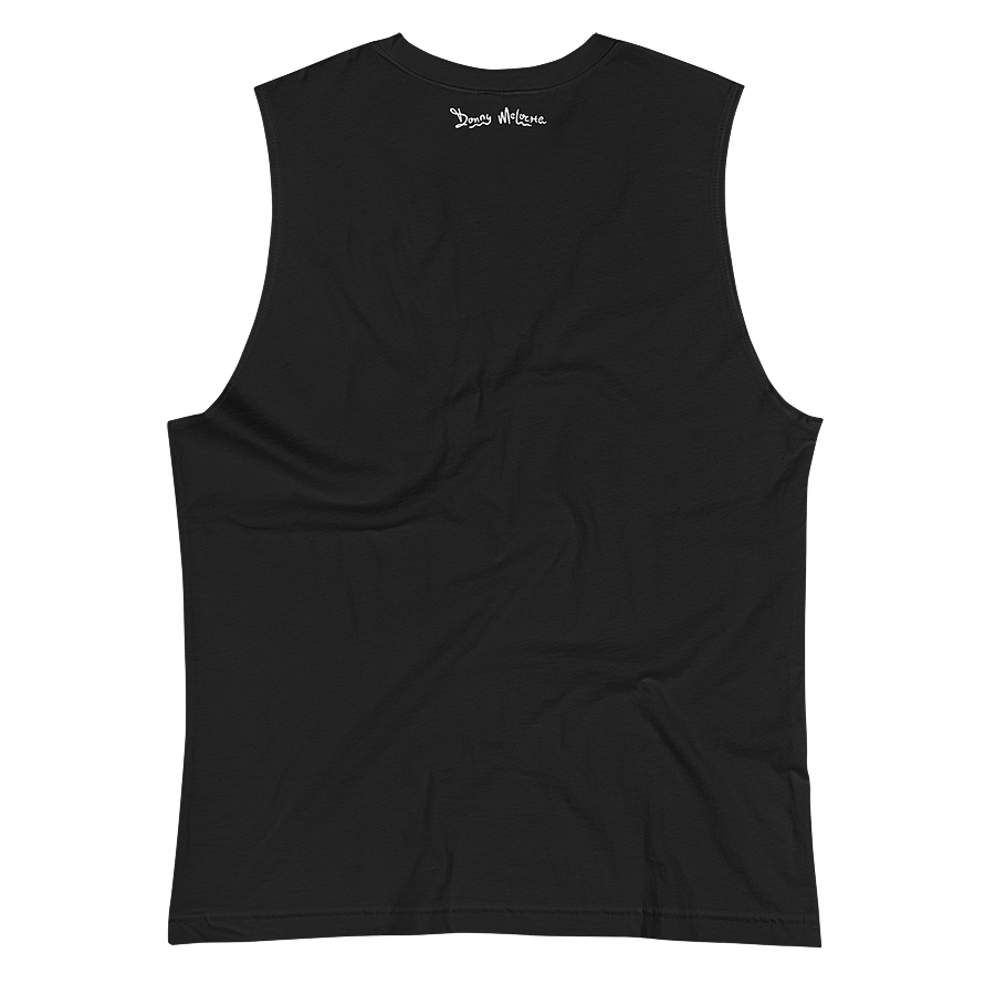 The back of a black gender neutral tank top with a playful logo along the neckline spelling out the name ‘Donny Meloche’.