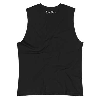 The back of a black gender neutral tank top with a playful logo along the neckline spelling out the name ‘Donny Meloche’.