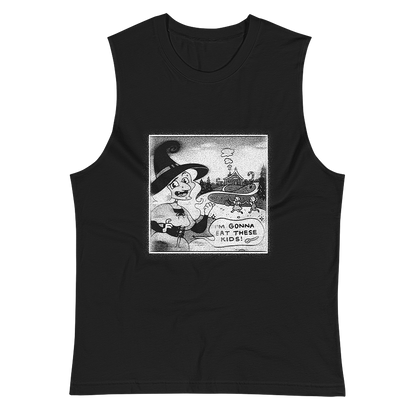 A black gender neutral muscle shirt tank top with a classic Halloween witch illustration and speech bubble reading, 'I'm gonna eat these kids!' by Donny Meloche.