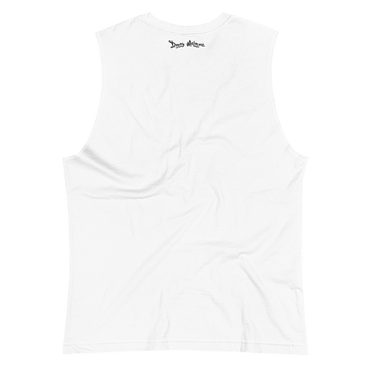 The back of a white gender neutral tank top with a playful logo along the neckline spelling out the name ‘Donny Meloche’.