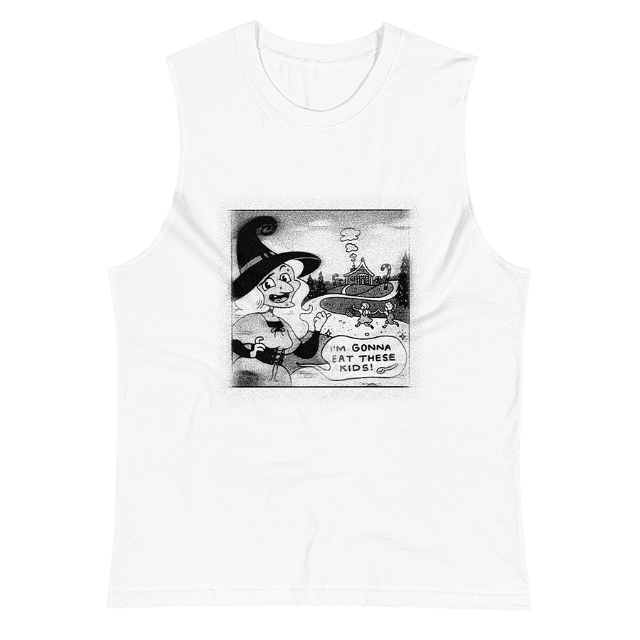 A white gender neutral muscle shirt tank top with a classic Halloween witch illustration and speech bubble reading, 'I'm gonna eat these kids!' by Donny Meloche.