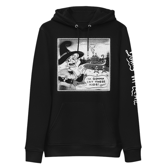A black unisex eco hoodie with a classic Halloween witch illustration and speech bubble reading, 'I'm gonna eat these kids!' by Donny Meloche.