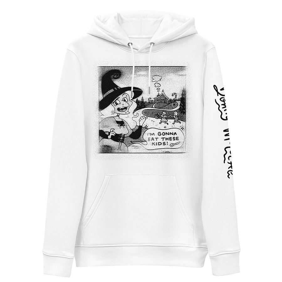 A white unisex eco hoodie with a classic Halloween witch illustration and speech bubble reading, 'I'm gonna eat these kids!' by Donny Meloche.
