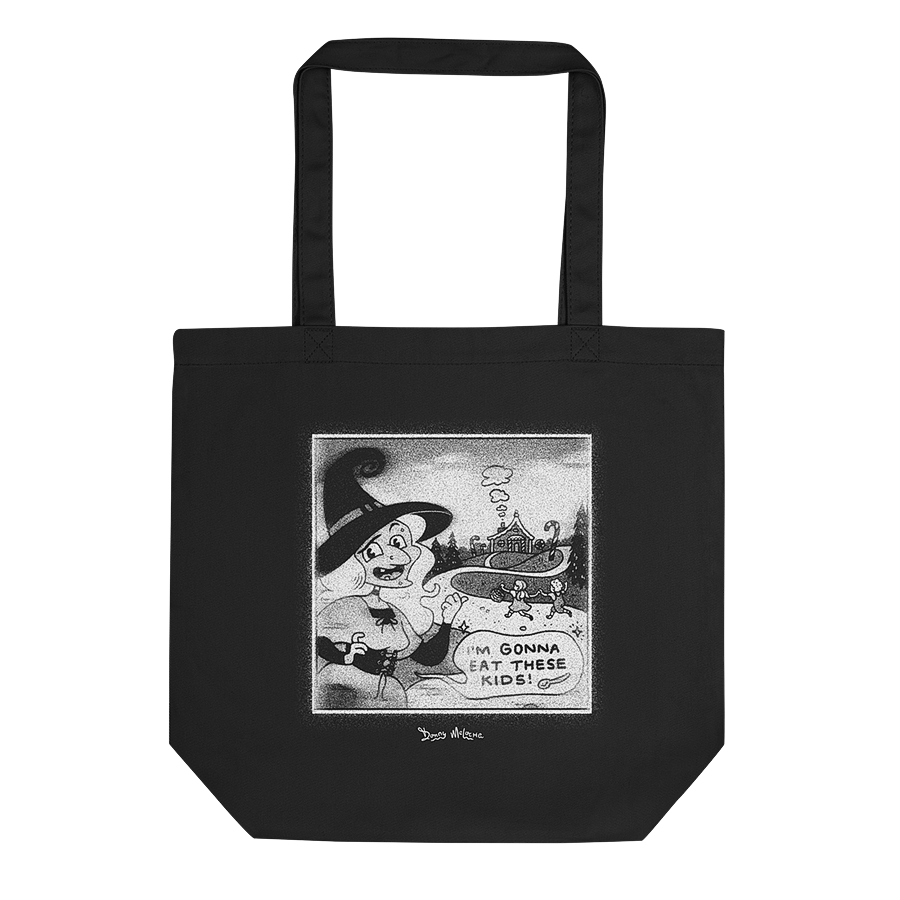 A black eco tote bag with a classic Halloween witch illustration and speech bubble reading, 'I'm gonna eat these kids!' by Donny Meloche.
