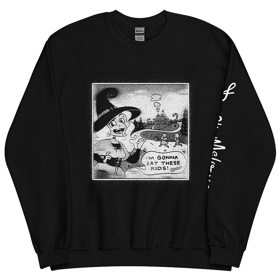 A black unisex sweatshirt with a classic Halloween witch illustration and speech bubble reading, 'I'm gonna eat these kids!' by Donny Meloche.