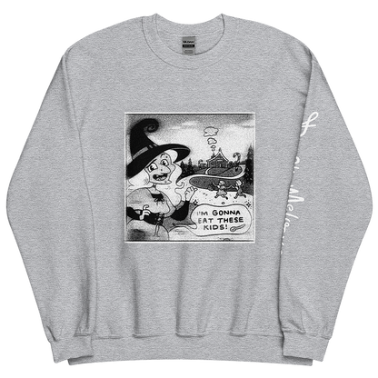A gray unisex sweatshirt with a classic Halloween witch illustration and speech bubble reading, 'I'm gonna eat these kids!' by Donny Meloche.