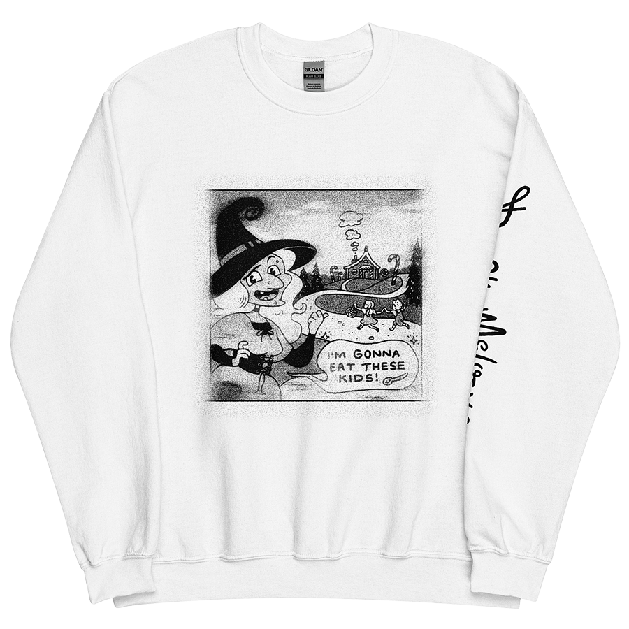 A white unisex sweatshirt with a classic Halloween witch illustration and speech bubble reading, 'I'm gonna eat these kids!' by Donny Meloche.