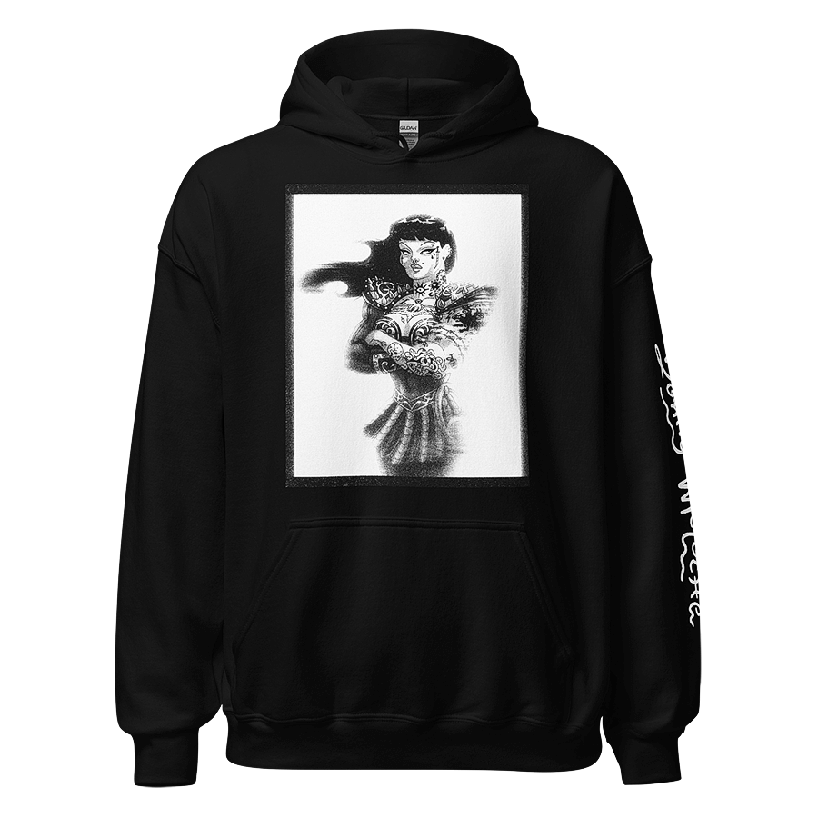 Black Unisex Heavy Blend Hoodie featuring Xena & Chyna character mashup. Comfortable and stylish winter wear in inclusive sizing from S to 5XL.