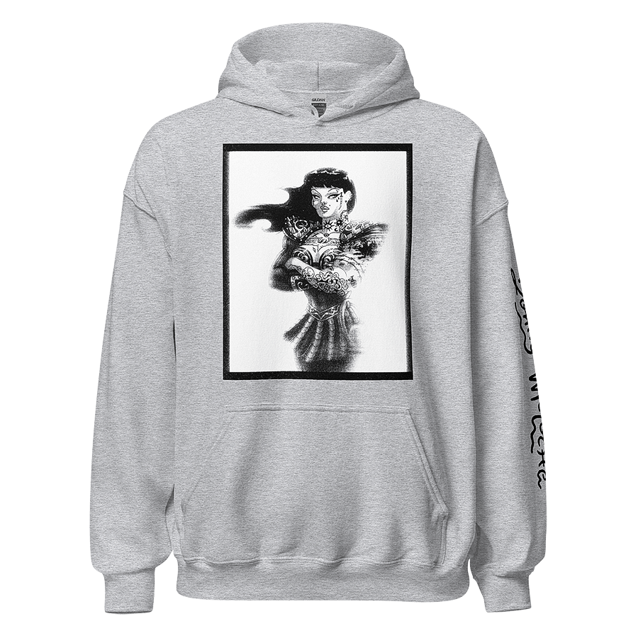 Gray Unisex Heavy Blend Hoodie featuring Xena & Chyna character mashup. Comfortable and stylish winter wear in inclusive sizing from S to 5XL.