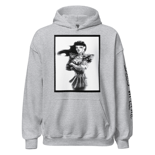 Gray Unisex Heavy Blend Hoodie featuring Xena & Chyna character mashup. Comfortable and stylish winter wear in inclusive sizing from S to 5XL.