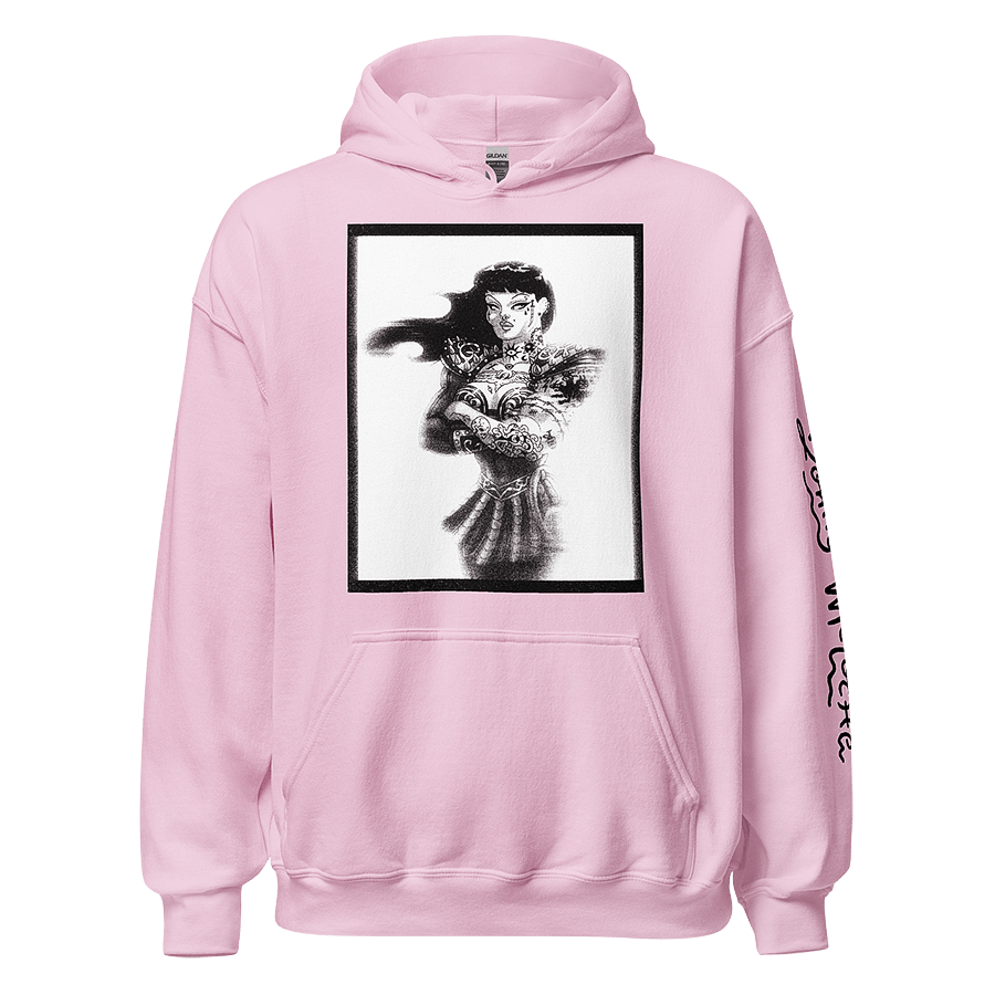 Pink Unisex Heavy Blend Hoodie featuring Xena & Chyna character mashup. Comfortable and stylish winter wear in inclusive sizing from S to 5XL.