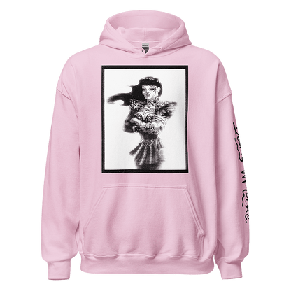 Pink Unisex Heavy Blend Hoodie featuring Xena & Chyna character mashup. Comfortable and stylish winter wear in inclusive sizing from S to 5XL.