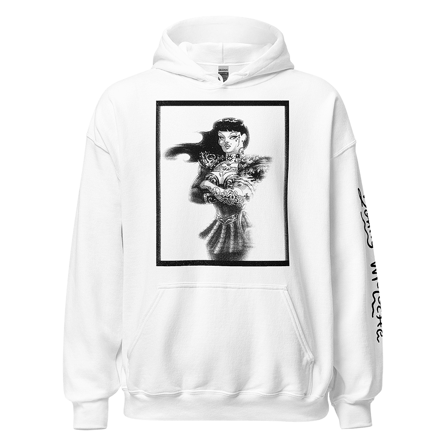 White Unisex Heavy Blend Hoodie featuring Xena & Chyna character mashup. Comfortable and stylish winter wear in inclusive sizing from S to 5XL.