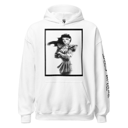 White Unisex Heavy Blend Hoodie featuring Xena & Chyna character mashup. Comfortable and stylish winter wear in inclusive sizing from S to 5XL.