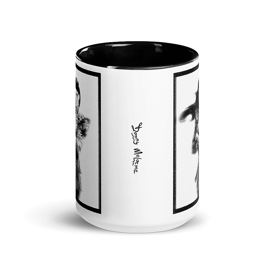 A white ceramic mug featuring a grungy and distressed character mashup of Xena the Warrior Princess and WWE wrestler Chyna, covered in greek mythology tattoos. © Donny Meloche, 2023.
