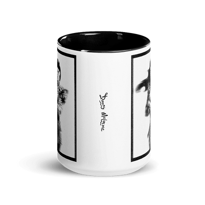 A white ceramic mug featuring a grungy and distressed character mashup of Xena the Warrior Princess and WWE wrestler Chyna, covered in greek mythology tattoos. © Donny Meloche, 2023.