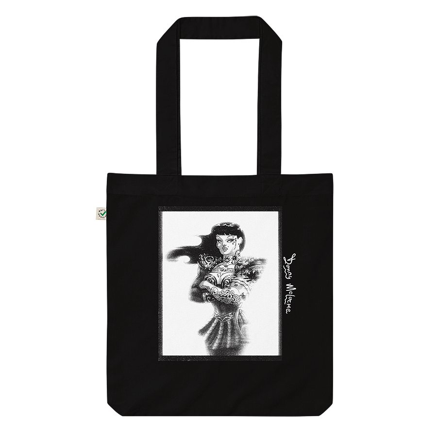 A black fashion tote bag with a grungy and distressed character mashup of Xena the Warrior Princess and Chyna wrestler tribute art by Donny Meloche. Unique and stylish design. © Donny Meloche, 2023.