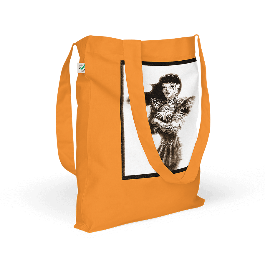 An orange fashion tote bag with a grungy and distressed character mashup of Xena the Warrior Princess and Chyna wrestler tribute art by Donny Meloche. Unique and stylish design. © Donny Meloche, 2023.