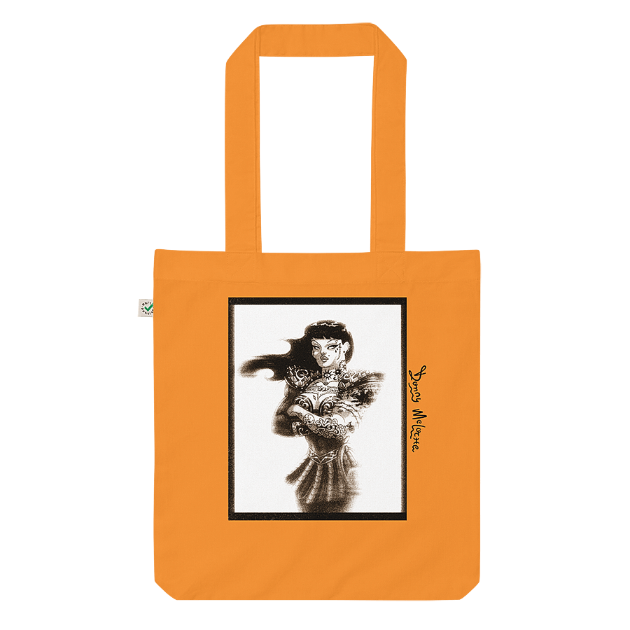 An orange fashion tote bag with a grungy and distressed character mashup of Xena the Warrior Princess and Chyna wrestler tribute art by Donny Meloche. Unique and stylish design. © Donny Meloche, 2023.