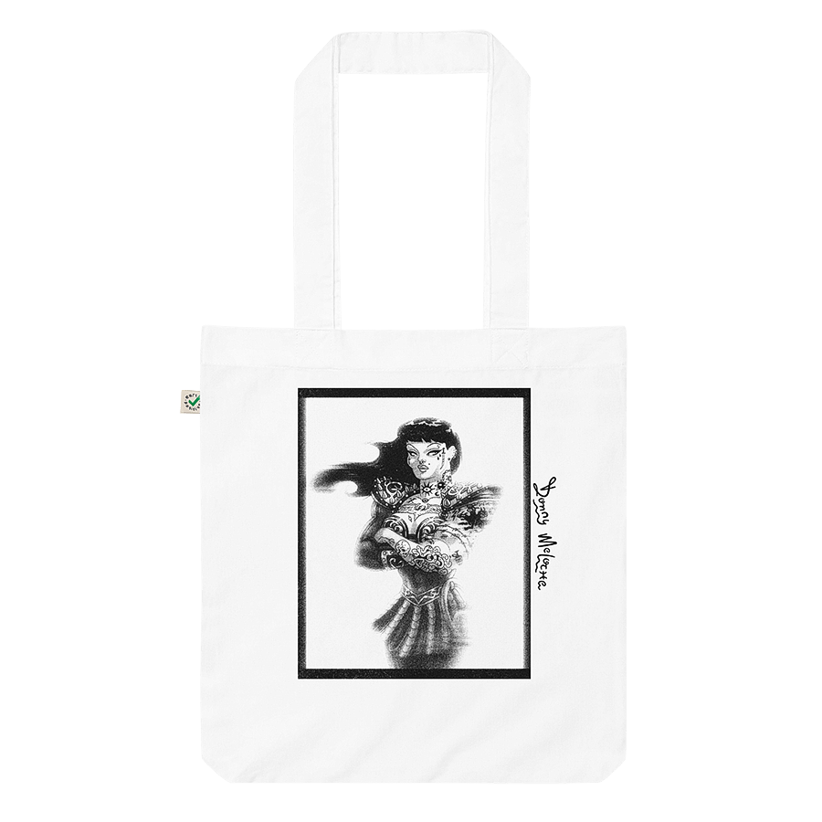 A white fashion tote bag with a grungy and distressed character mashup of Xena the Warrior Princess and Chyna wrestler tribute art by Donny Meloche. Unique and stylish design. © Donny Meloche, 2023.
