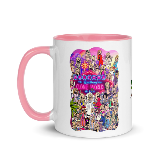 A colourful drawing of celebrity pop singer Britney Spears filled with iconic fashion and pop culture "easter eggs", on a white mug with a pink interior and handle.