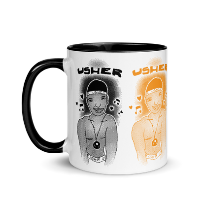 A colourful childhood bitmap drawing of R&B singer Usher with small music notes and hearts, on a white mug with a black interior and handle; black and orange detail.