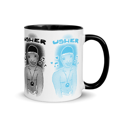 A colourful childhood bitmap drawing of R&B singer Usher with small music notes and hearts, on a white mug with a black interior and handle; black and baby blue detail.